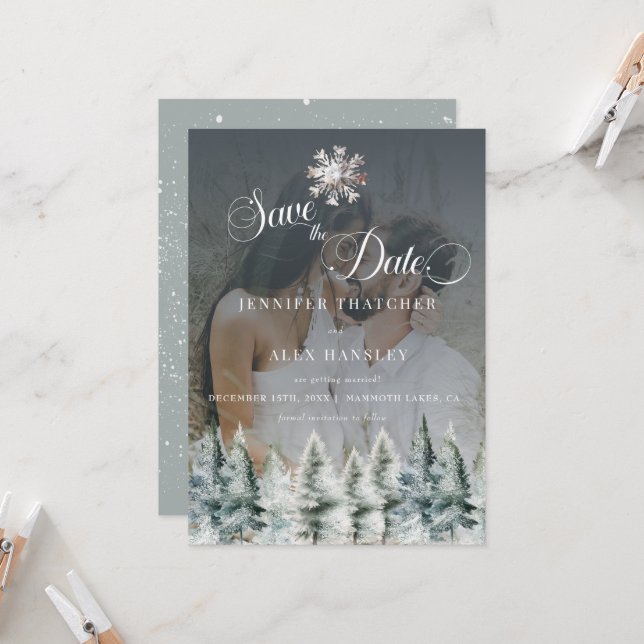 Winter Snow Christmas Wedding Save the Date Invitation (Front/Back In Situ)