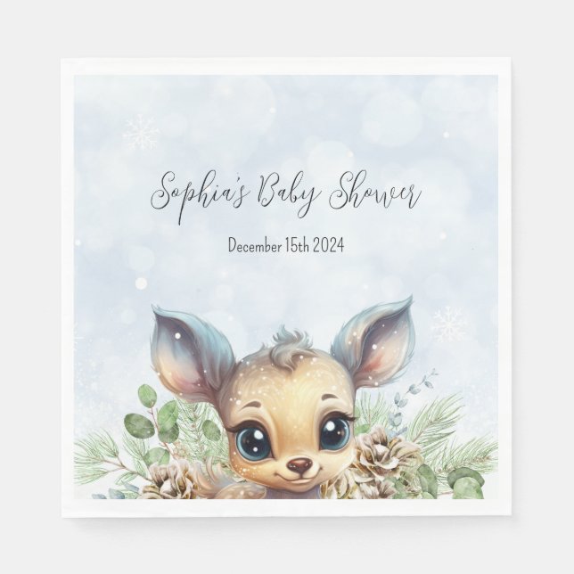 Winter Snow Cold Outside Blue Baby Shower Deer Napkins (Front)