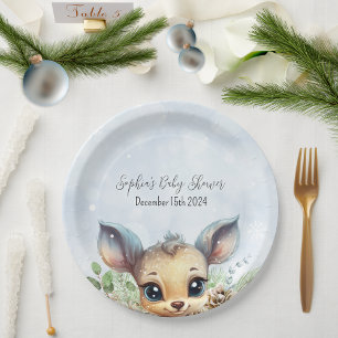 Winter Snow Cold Outside Blue Baby Shower Deer Paper Plates