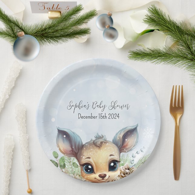 Winter Snow Cold Outside Blue Baby Shower Deer Paper Plates (Cute Winter Baby Shower Paper Plate with Deer and Snow)
