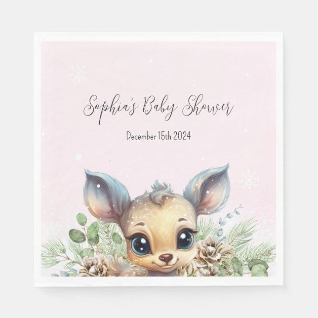 Winter Snow Cold Outside Pink Baby Shower Deer Napkins (Front)