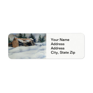 Winter snow covered barn, farm pine landscape. label