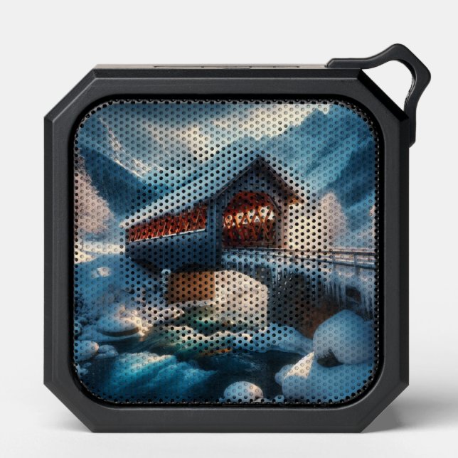 Winter, snow covered bridge & river bluetooth speaker (Front)