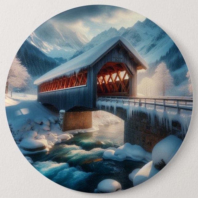 Winter, snow covered bridge & river button (Front)