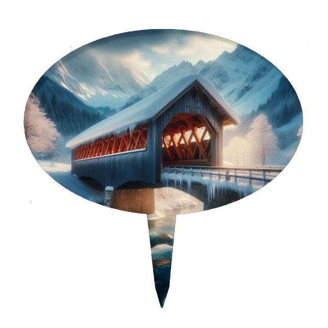 Winter, snow covered bridge & river cake topper (Front)
