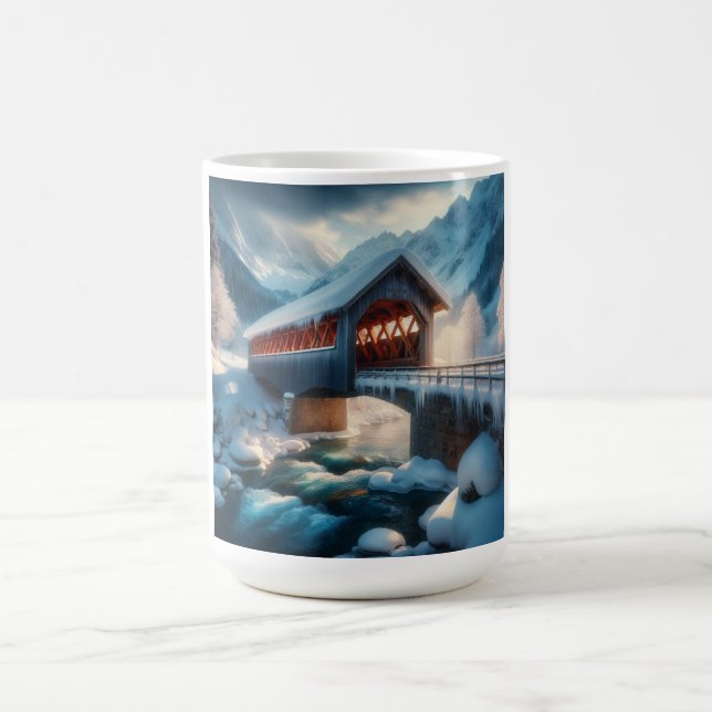 Winter, snow covered bridge & river coffee mug (Center)