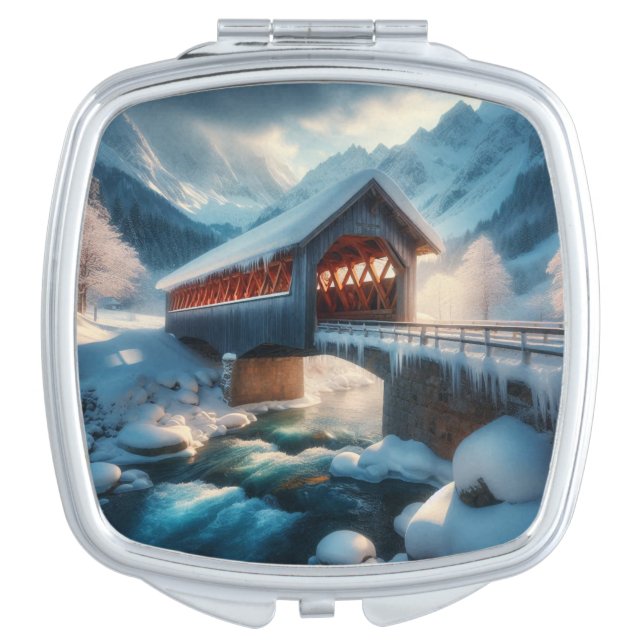 Winter, snow covered bridge & river compact mirror (Front)