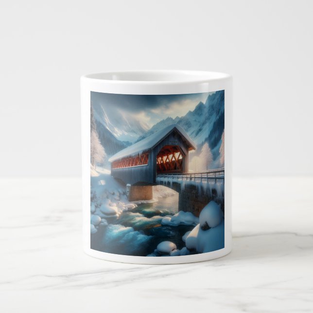 Winter, snow covered bridge & river giant coffee mug (Front)