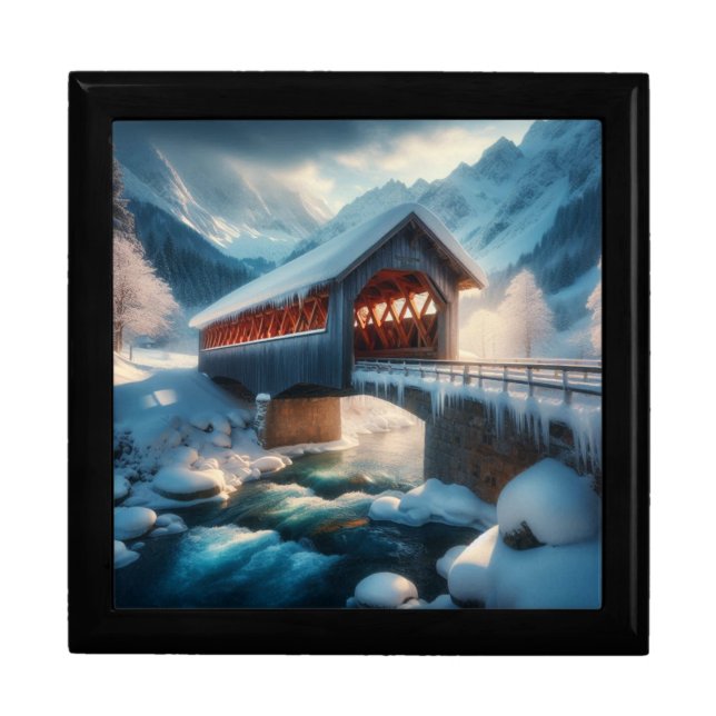 Winter, snow covered bridge & river gift box (Front)