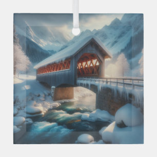 Winter, snow covered bridge & river glass ornament