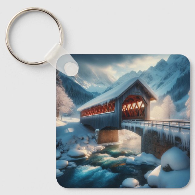 Winter, snow covered bridge & river keychain (Front)