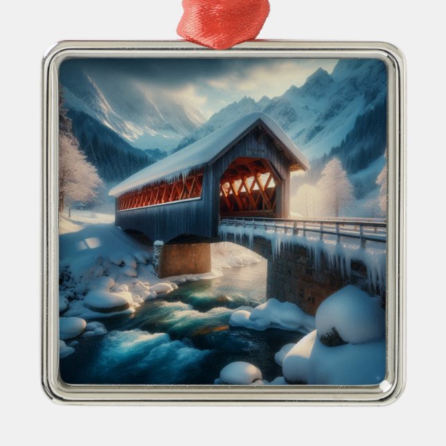 Winter, snow covered bridge & river metal ornament (Front)