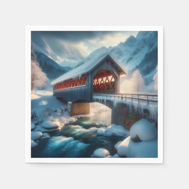 Winter, snow covered bridge & river napkins (Front)