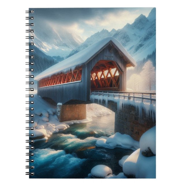 Winter, snow covered bridge & river notebook (Front)