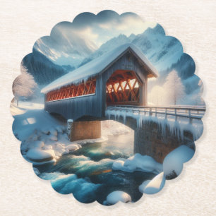 Winter, snow covered bridge & river paper coaster