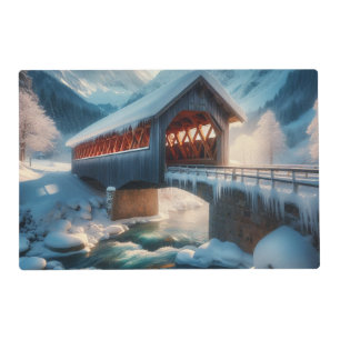 Winter, snow covered bridge & river placemat