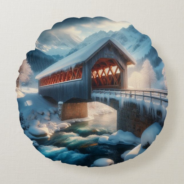 Winter, snow covered bridge & river round pillow (Front)
