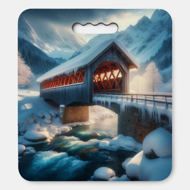 Winter, snow covered bridge & river seat cushion (Front Vertical)