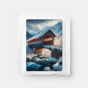 Winter, snow covered bridge & river tea bag drink mix