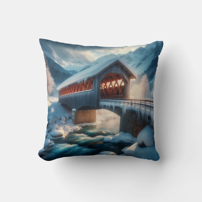Winter, snow covered bridge & river throw pillow (Front)