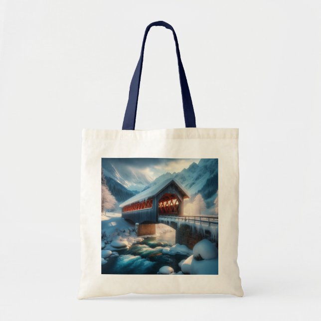 Winter, snow covered bridge & river tote bag (Front)