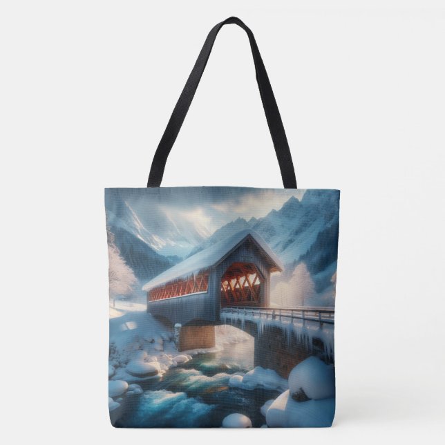 Winter, snow covered bridge & river tote bag (Front)
