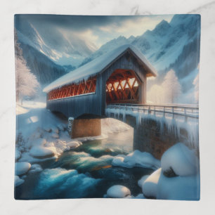 Winter, snow covered bridge & river trinket tray