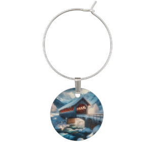 Winter, snow covered bridge & river wine charm