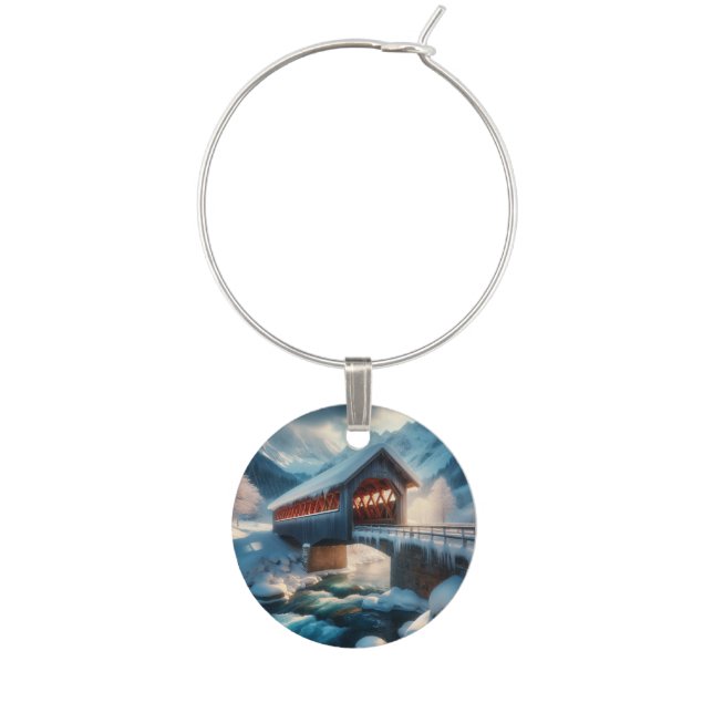 Winter, snow covered bridge & river wine charm (Front)