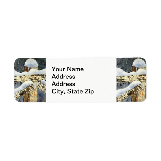 Winter snow covered country fence, snow drifts . label (Front)