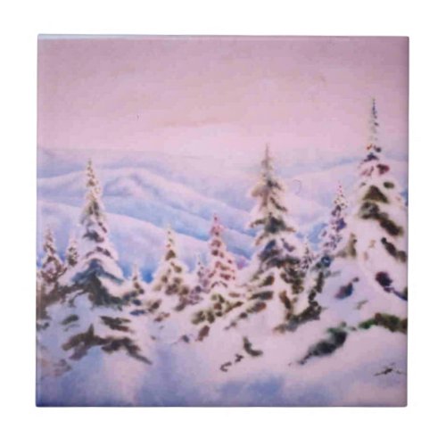 Winter snow covered pines and mountains ceramic tile