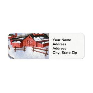 Winter snow covered red barn, farm shed landscape. label