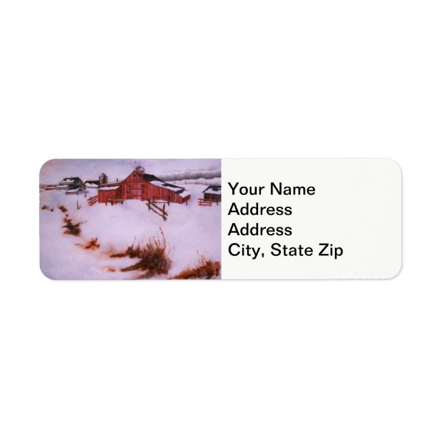 Winter snow covered red barn, farm shed landscape. label (Front)