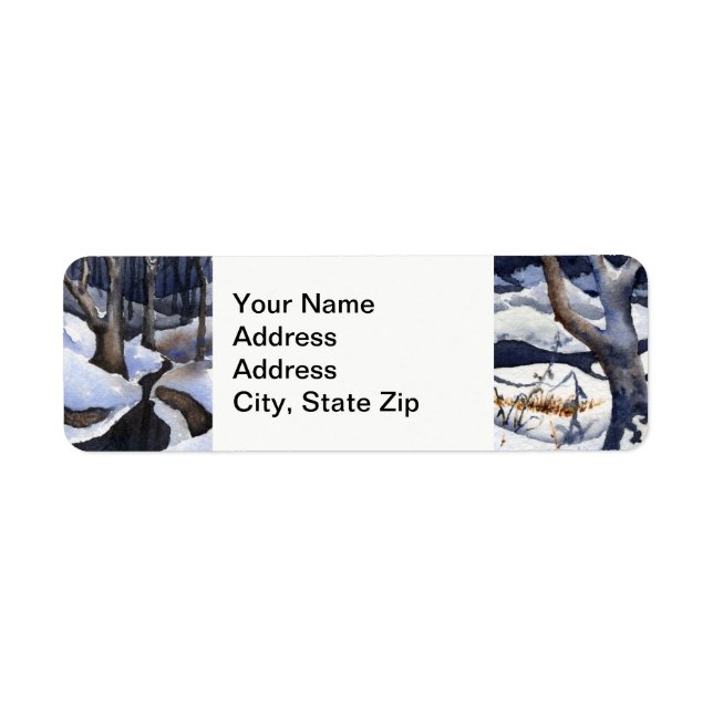 Winter snow covered winter stream dark trees drift label (Front)