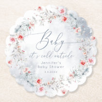 Winter snow dusty blue Berry wreath baby shower Paper Coaster