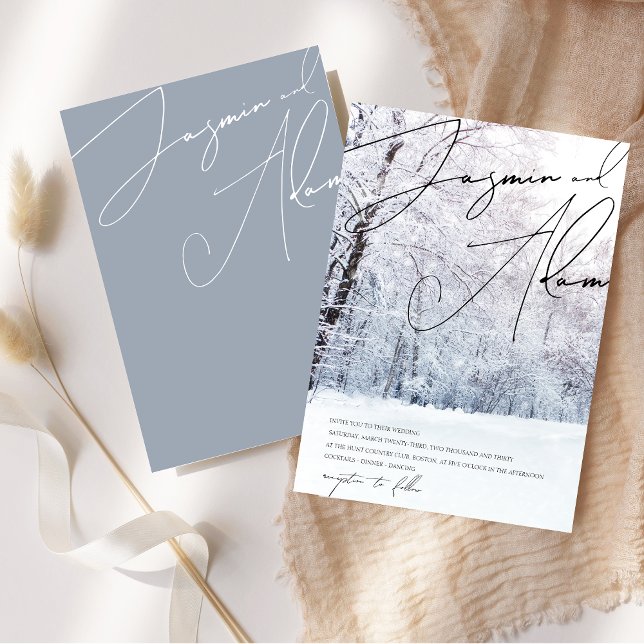 Winter Snow Dusty Blue Woodland Script Wedding Invitation (Winter Snow Dusty Blue Woodland Script Wedding Invitation)