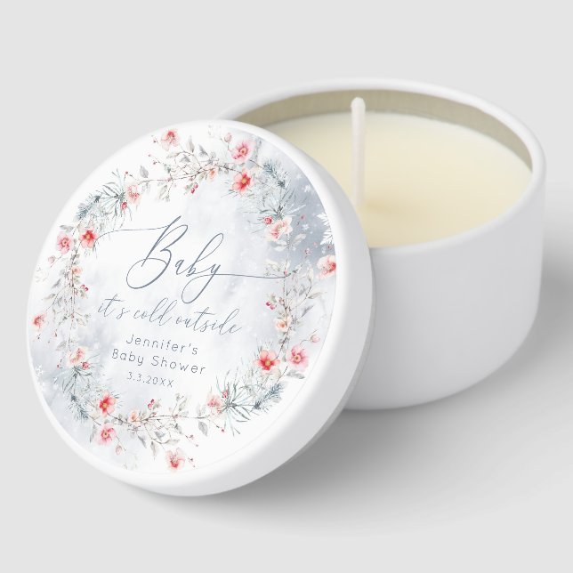 Winter snow dusty blue wreath baby shower mini candle favors (Corner)