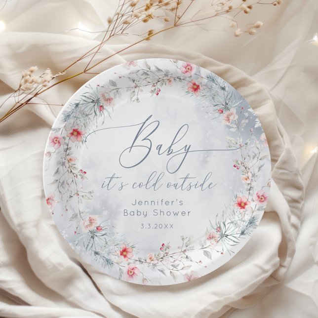 Winter snow dusty blue wreath baby shower paper plates (Creator Uploaded)