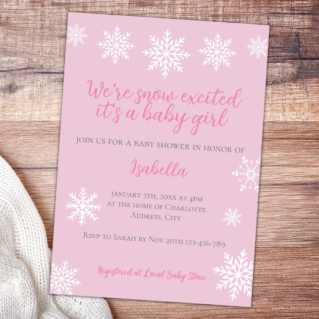 Winter Snow Excited Pink Baby Girl Shower Invitation (snow excited winter baby girl shower invitation baby pink)