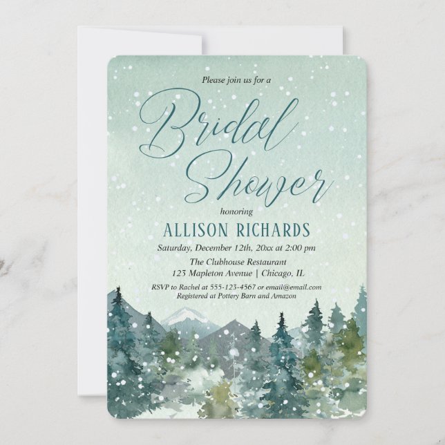 Winter snow fall mountains rustic bridal shower invitation (Front)