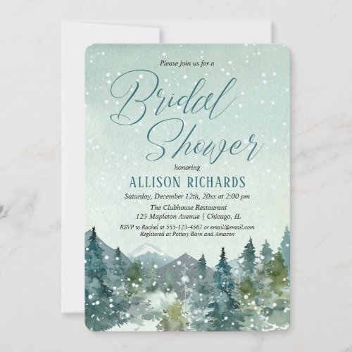 Winter snow fall mountains rustic bridal shower invitation