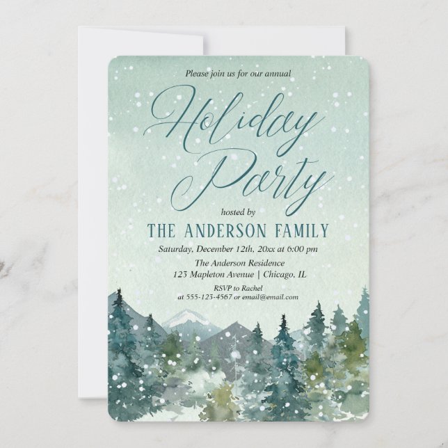 Winter snow fall mountains rustic holiday party invitation (Front)