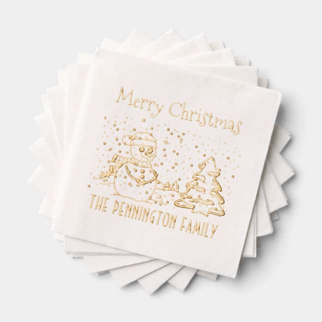 Winter Snow Falling Snowman Name Merry Christmas Foil Napkins (Insitu (Stacked))