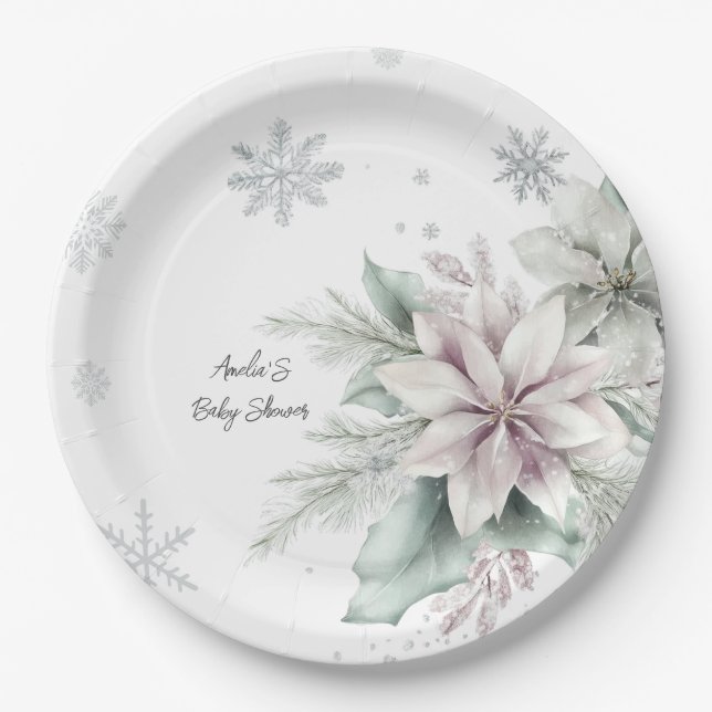 Winter Snow Floral Baby Shower Paper Plates (Front)