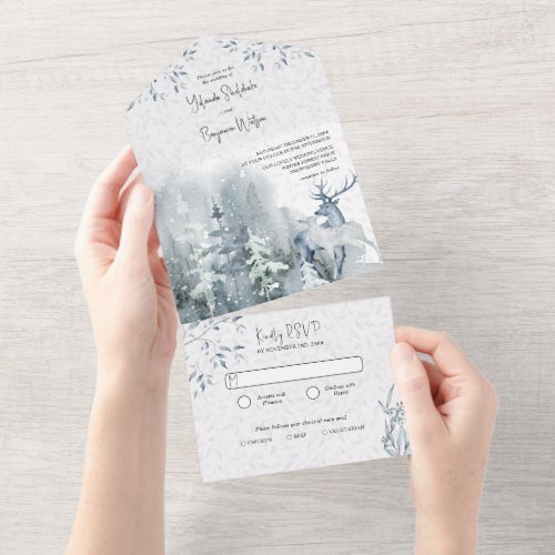 Winter Snow Forest and Deer Watercolor Wedding All In One Invitation