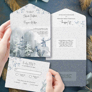 Winter Snow Forest and Deer Watercolor Wedding All In One Invitation