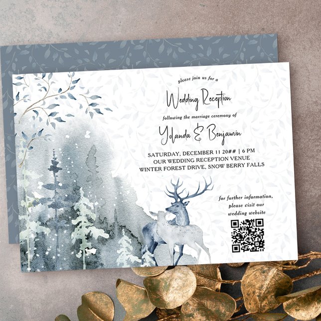 Winter Snow Forest and Deer Wedding Reception Only Invitation (Wedding Reception invitation with QR code from my Snow Forest Winter Wedding collection)