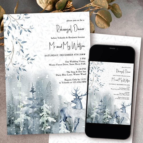 Winter Snow Forest and Deer Wedding Rehearsal Invitation