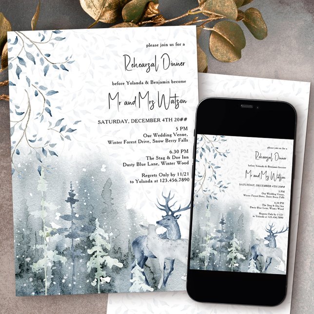 Winter Snow Forest and Deer Wedding Rehearsal Invitation (Wedding Rehearsal Dinner invitation from my Snow Forest Winter Wedding collection)