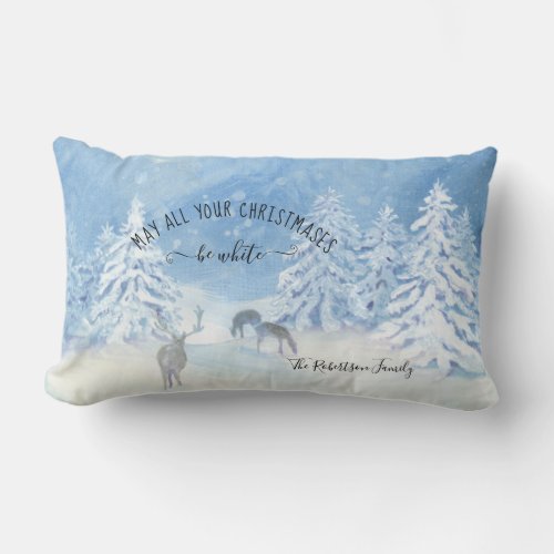 Winter Snow Forest Christmas be White Family Name Lumbar Pillow